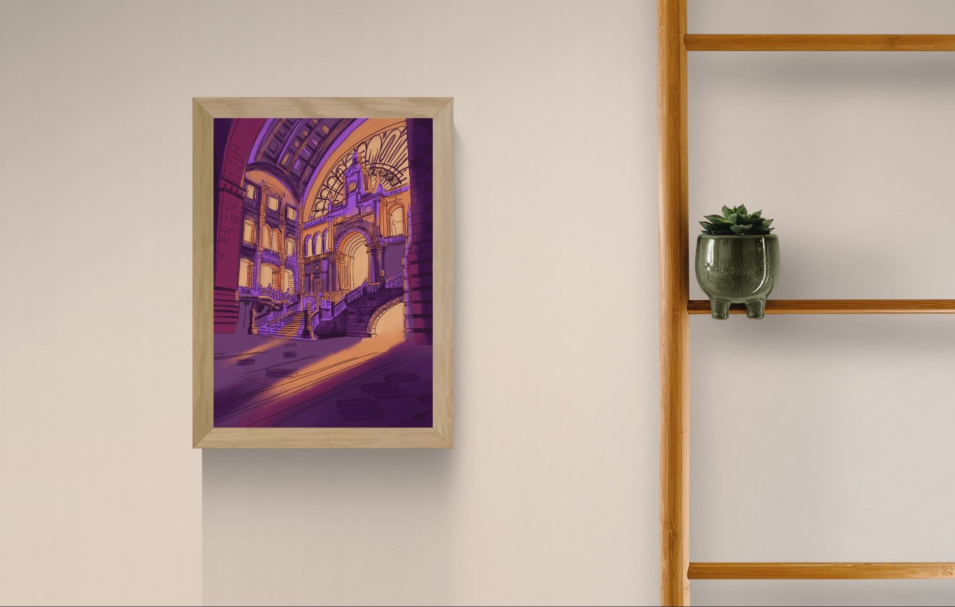 Antwerp Central Station hall interior illustration with grand staircase and historic architecture railway cathedral Belgium art print