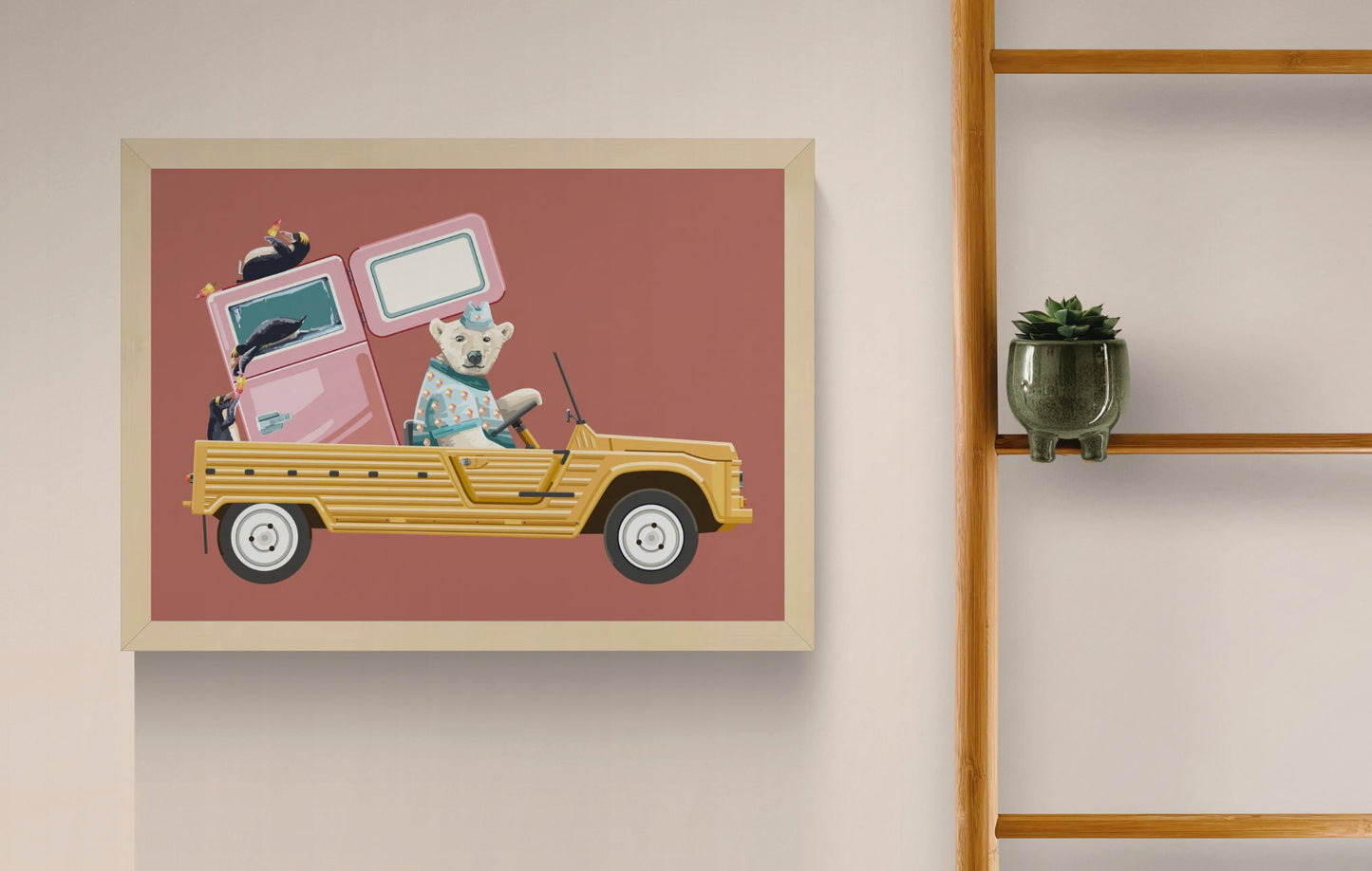 Colourful landscape digital illustration of a polar bear driving a yellow vintage beach car with a pink freezer and penguins, in a playful retro style. Horizontal wall art for a living room, office, or child’s room.