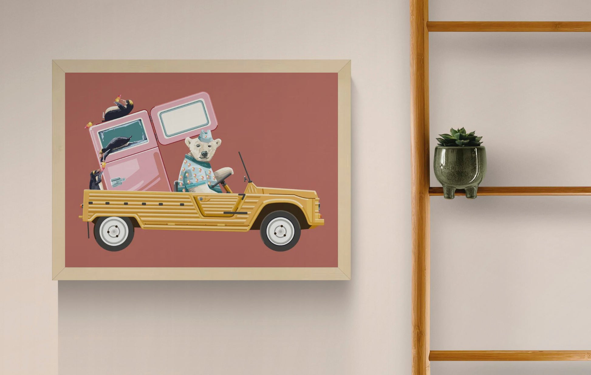 Colourful landscape digital illustration of a polar bear driving a yellow vintage beach car with a pink freezer and penguins, in a playful retro style. Horizontal wall art for a living room, office, or child’s room.
