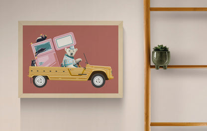 Colourful landscape digital illustration of a polar bear driving a yellow vintage beach car with a pink freezer and penguins, in a playful retro style. Horizontal wall art for a living room, office, or child’s room.