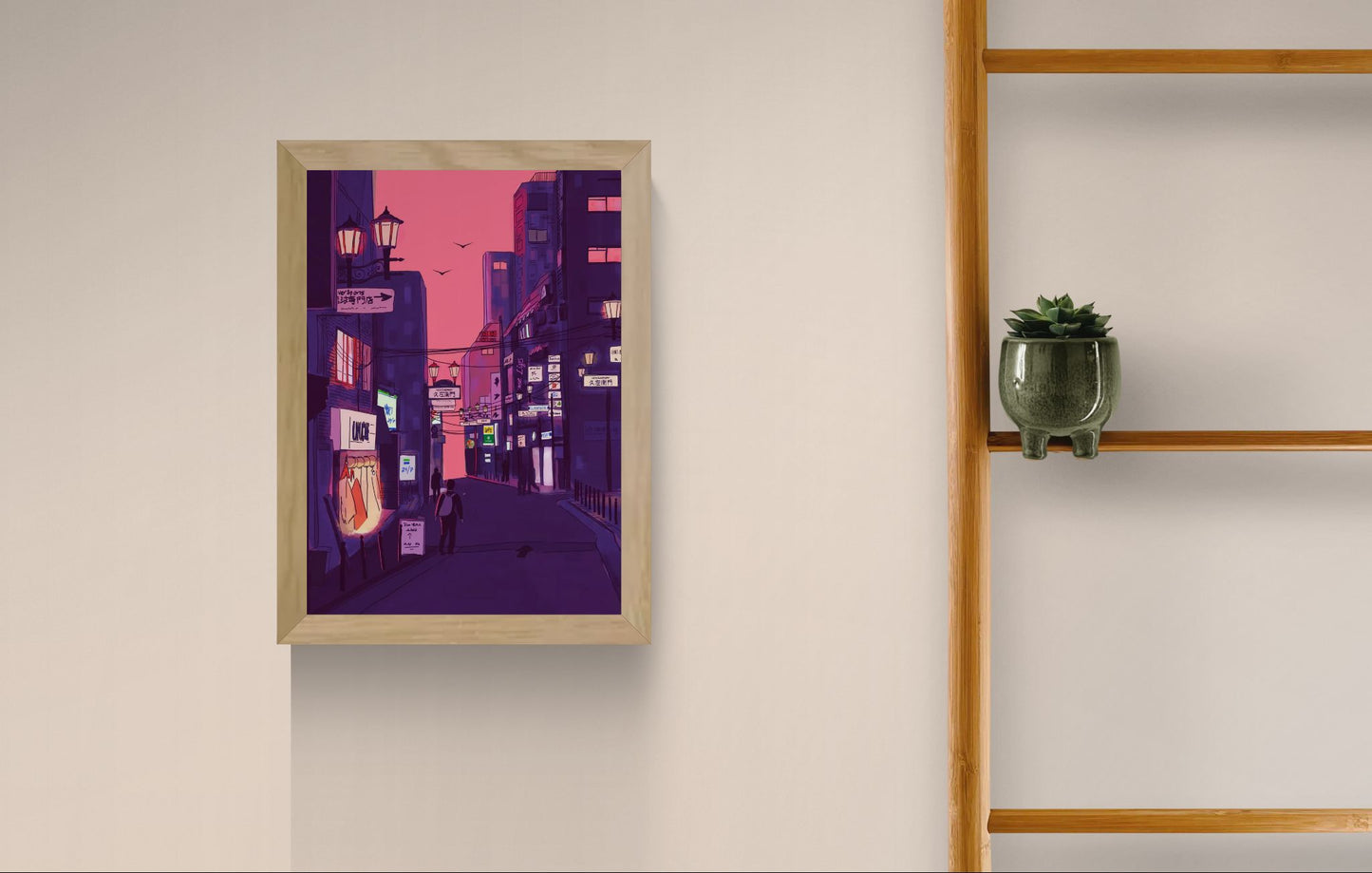 Fine art giclée print titled “Nights in Japan” by Valeria Maggiani featuring a cinematic Japanese city street at dusk with neon signs, warm shop lights, urban silhouettes, and a pink-purple evening sky, printed on 100% cotton textured paper A4 size, ideal for modern home decor and contemporary wall art in Belgium and Europe.