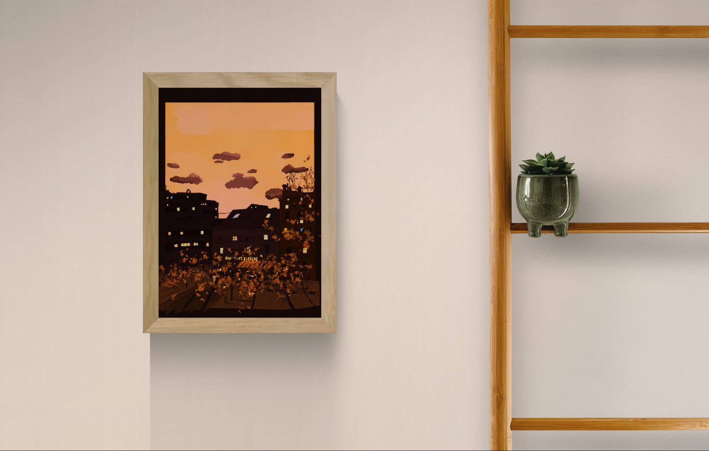 Autumn at the Groenplaats fine art giclée print by Valeria Maggiani, warm sunset cityscape illustration of Antwerp with glowing windows, autumn trees and cozy urban atmosphere, A4 cotton paper wall art for modern home decor.