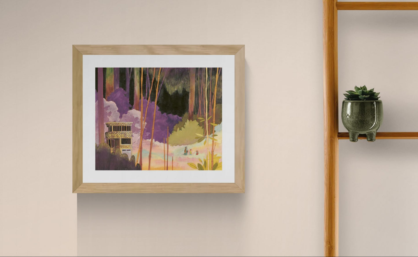 Het Begin by Rosalien Helsen featuring a forest landscape with a small building and walking figures, created from acrylic painting and digital collage in soft purple, green, and golden tones. Vertical fine art print for modern home decor.