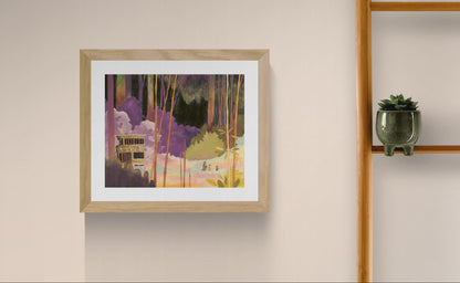 Het Begin by Rosalien Helsen featuring a forest landscape with a small building and walking figures, created from acrylic painting and digital collage in soft purple, green, and golden tones. Vertical fine art print for modern home decor.