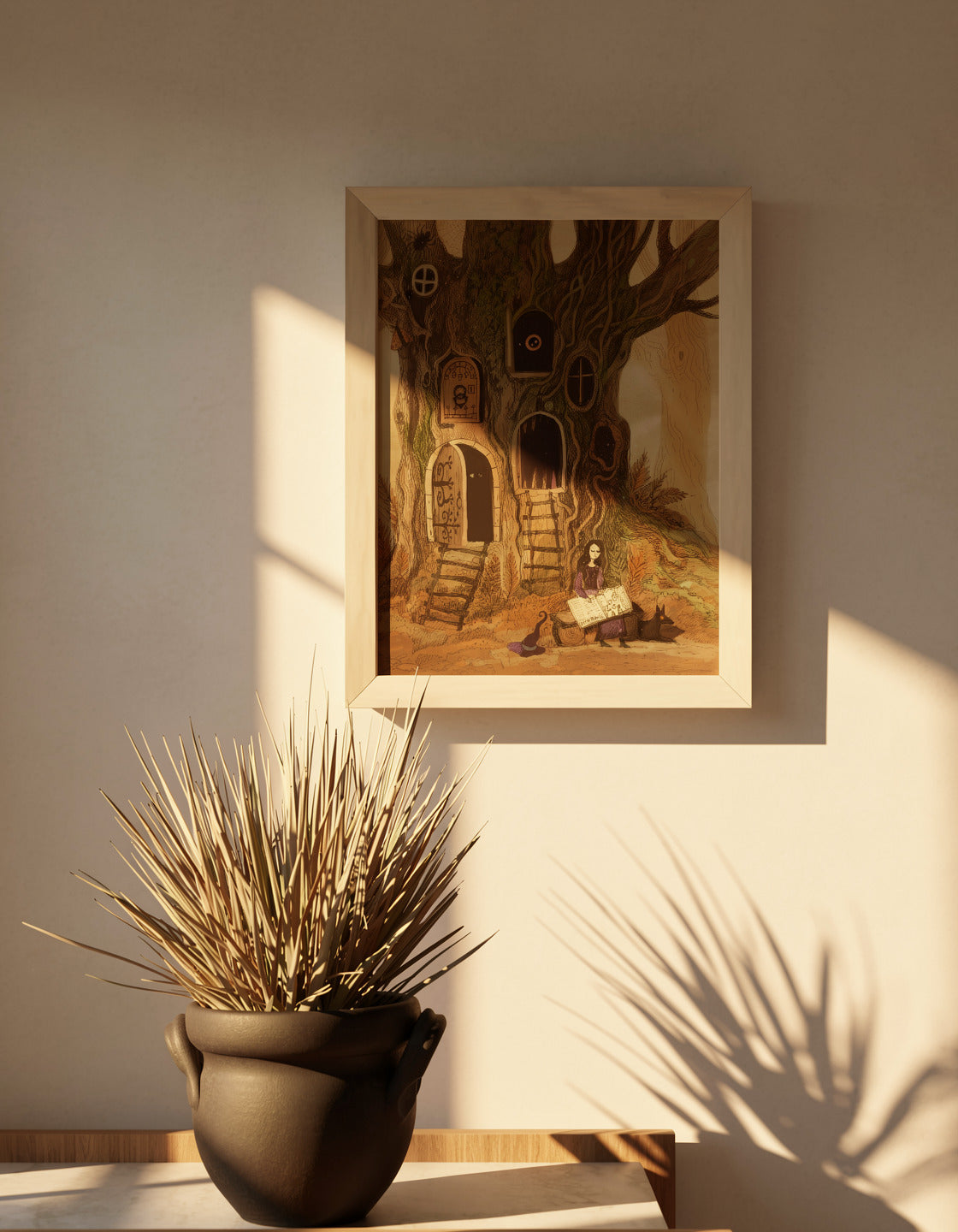 Whimsical fantasy treehouse illustration by Lena Yampolski featuring magical doors, hidden windows, a young witch reading beside a black fox, and enchanted forest details in warm earthy tones. Vertical giclée wall art for cozy home decor.