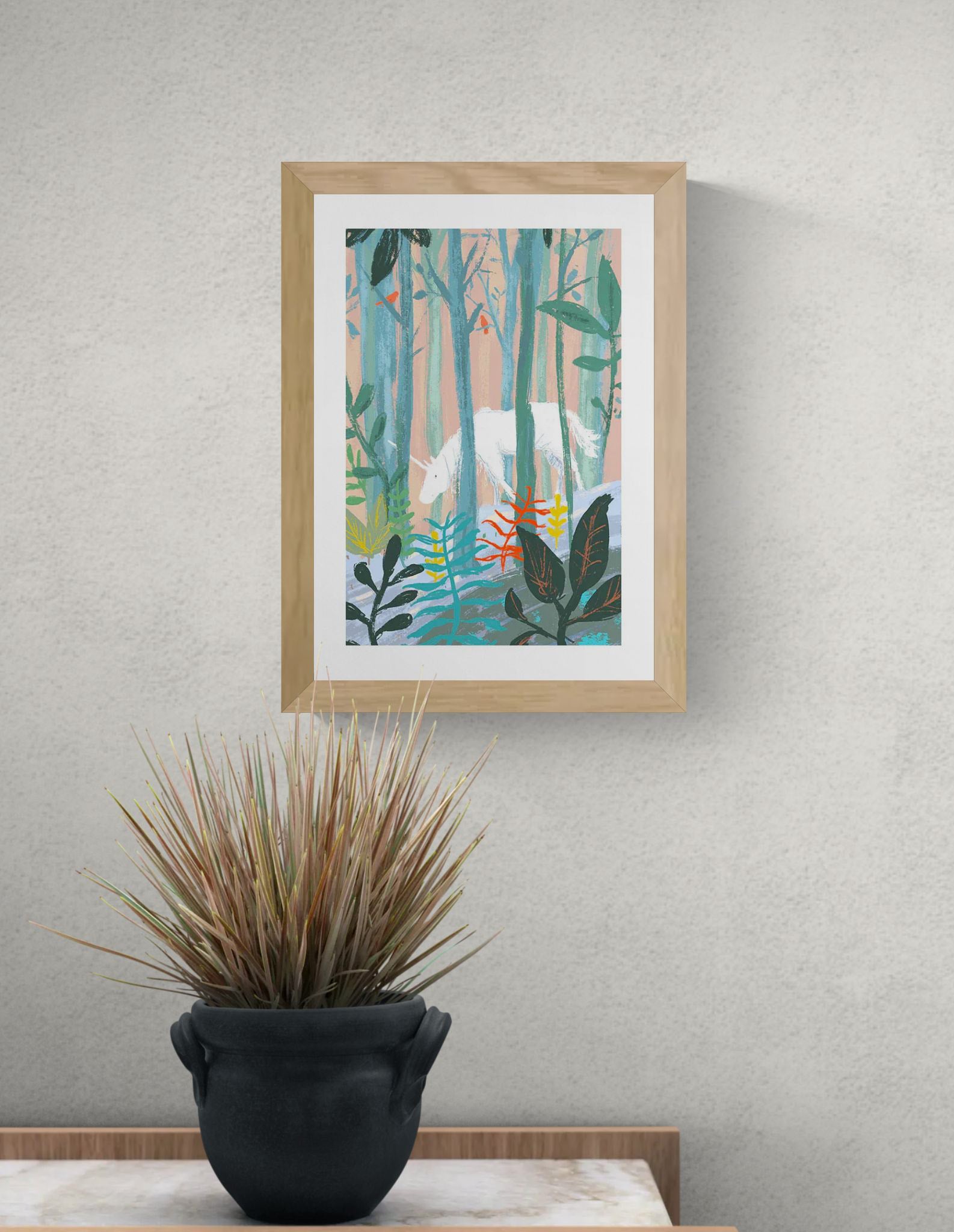 Dreamlike unicorn forest art print by Willy Leung featuring a white unicorn hidden between pastel trees and colorful plants, printed as an A4 archival giclée wall art on Hahnemühle paper.