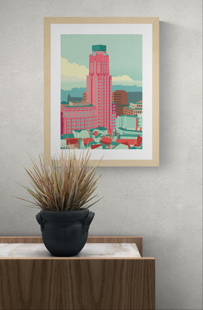 Boerentoren Antwerp illustration by Studio Frits – colorful modern art print of the iconic Art Deco skyscraper in Antwerp, Belgium, architectural wall art in pastel tones, perfect for urban design lovers, available at Galerie Frits