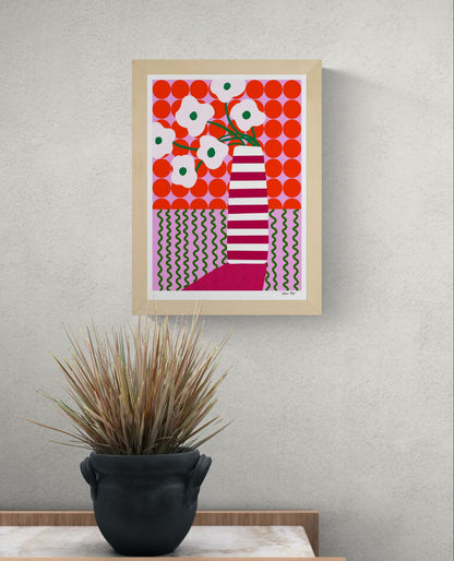 Colorful A4 Giclée print by Portuguese illustrator Teresa Rego – bold striped vase with playful white flowers, red, pink and green graphic patterns, printed on 315 gsm acid-free, 100% cotton fine art paper with pigment-based inks – vibrant botanical wall art for modern interiors.