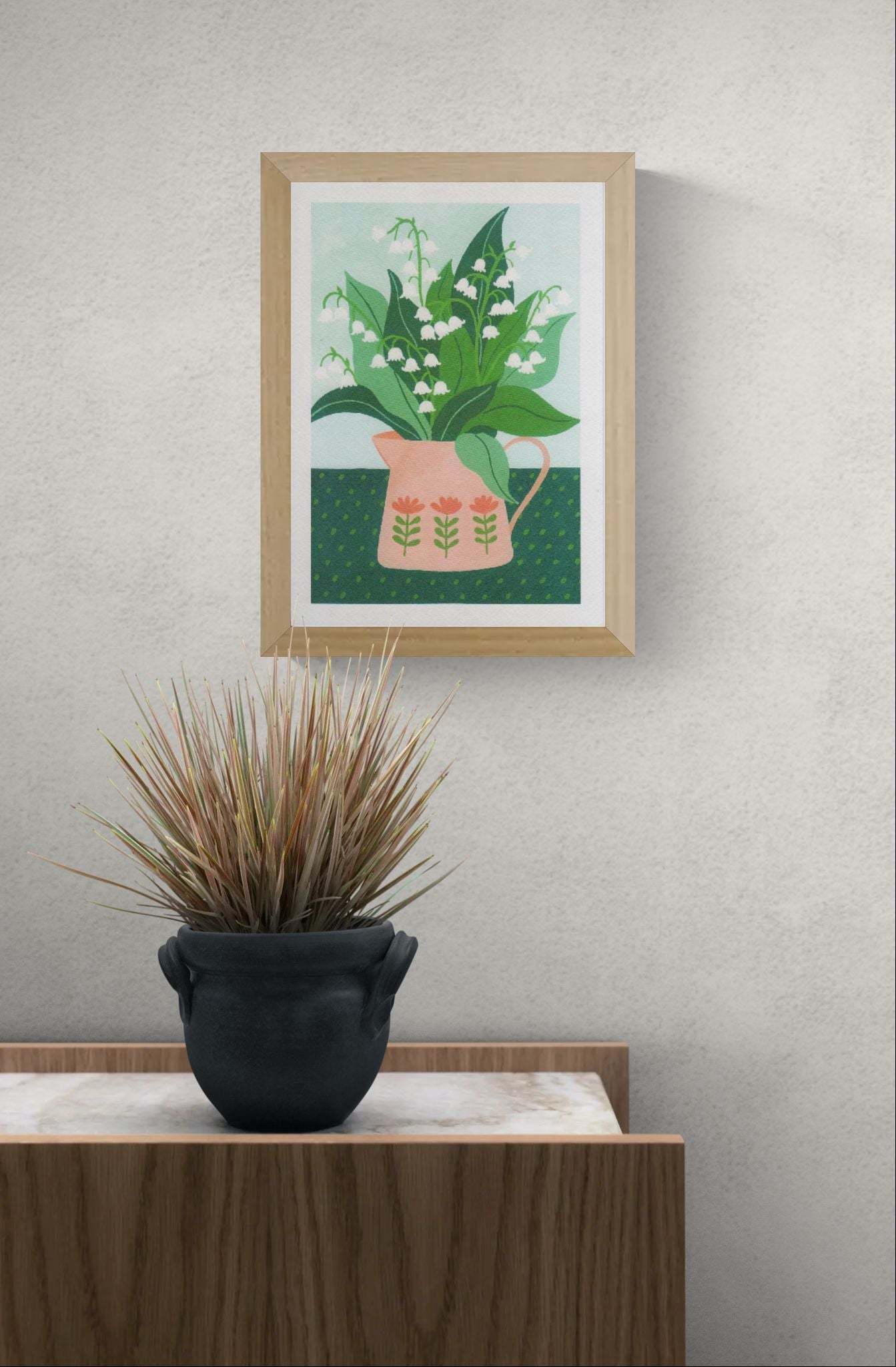 Lily of the Valley art print by Leens, A4 botanical floral illustration featuring white bell flowers in a peach vase, modern green background, Scandinavian style wall art decor.