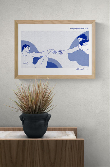 Humorous risograph art print reinterpreting Michelangelo’s Creation of Adam with a playful “I’ve got your nose” gesture, minimalist blue illustration by Studio Stoutpoep.