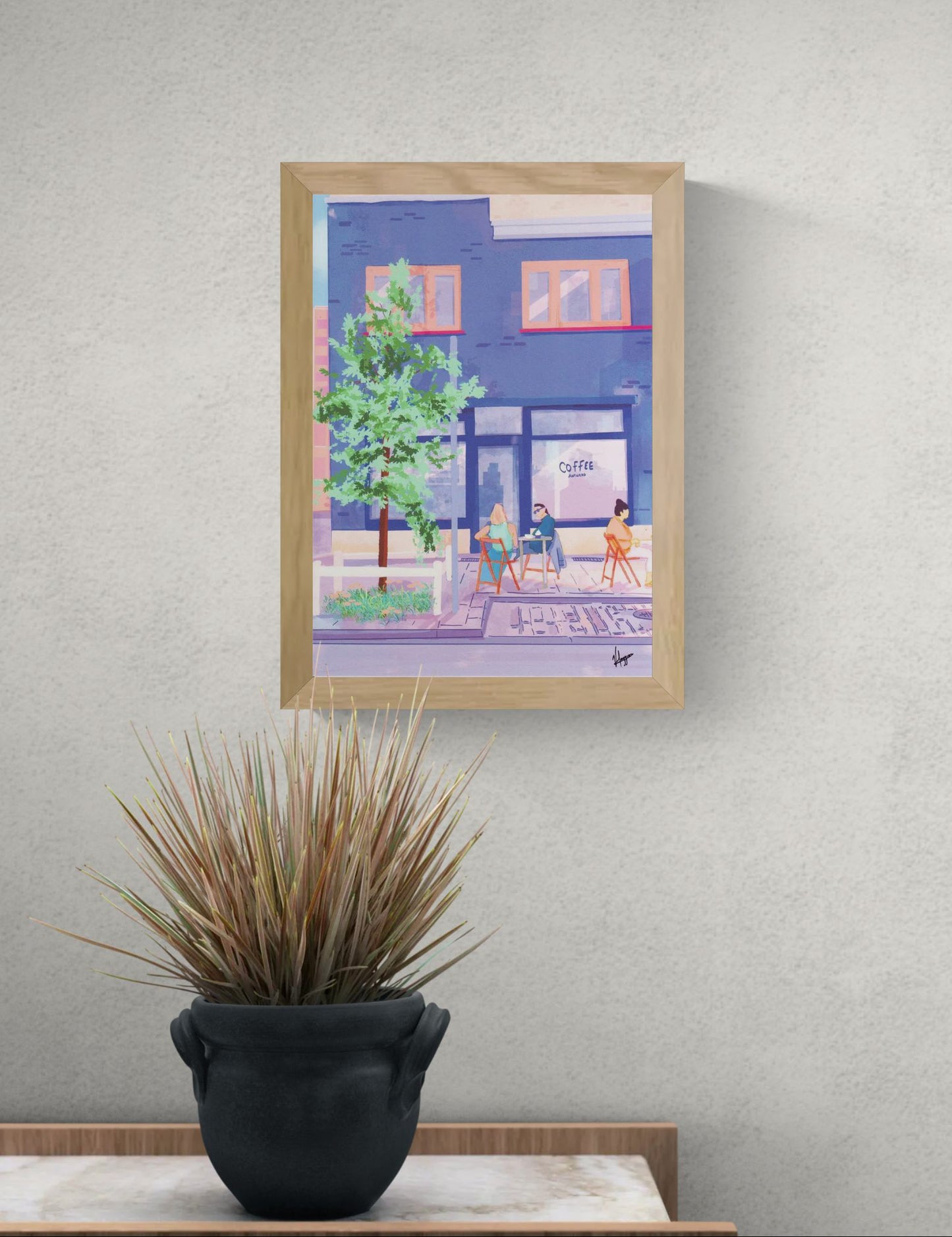 Antwerp Summer Coffee by Valeria Maggiani – A3 art print of a cozy summer café terrace in Antwerp with people enjoying coffee outdoors, urban lifestyle illustration in pastel tones, perfect wall art for design lovers and coffee enthusiasts.