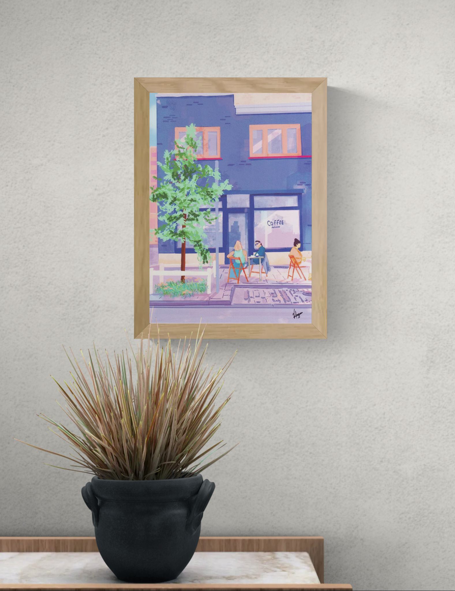 Antwerp Summer Coffee by Valeria Maggiani – A3 art print of a cozy summer café terrace in Antwerp with people enjoying coffee outdoors, urban lifestyle illustration in pastel tones, perfect wall art for design lovers and coffee enthusiasts.