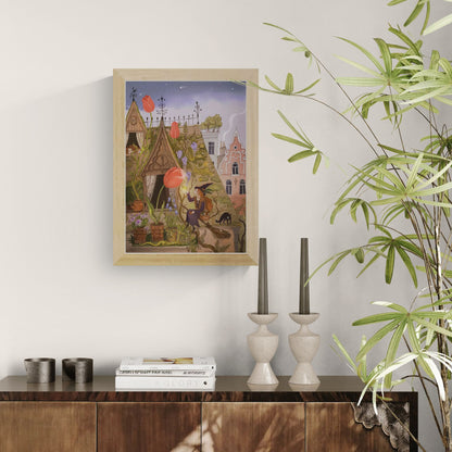 Whimsical rooftop garden illustration featuring a young witch, glowing tulips, black cat, and enchanted plants in the Marolles district of Brussels. Detailed fantasy Giclée print in soft purple, green, and terracotta tones, perfect for cozy home decor and storybook-inspired interiors.