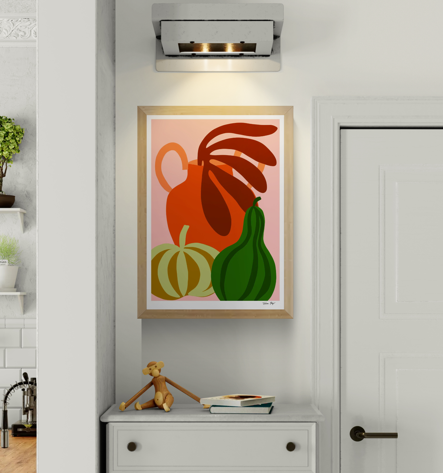 Colorful still life illustration of green pumpkin, orange jug, and gourd by Teresa Rego – modern A3 art print on 300g Munken paper, perfect for kitchen or home decor