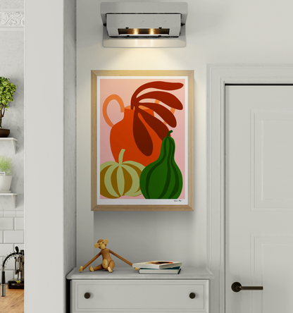 Colorful still life illustration of green pumpkin, orange jug, and gourd by Teresa Rego – modern A3 art print on 300g Munken paper, perfect for kitchen or home decor