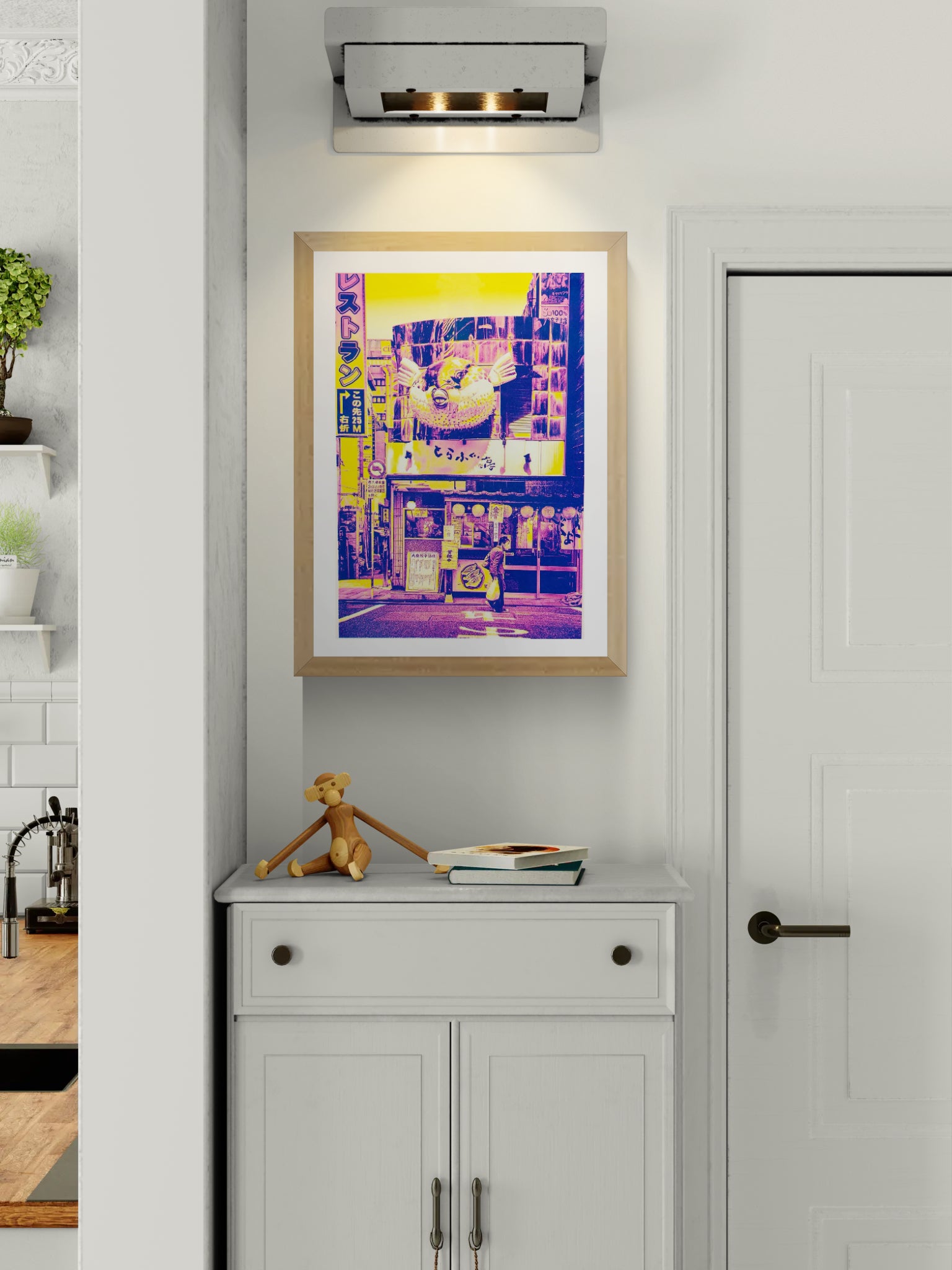 Neon-yellow and purple risograph art print of a Tokyo blowfish restaurant facade, featuring bold retro signage, street details, and vibrant Japanese urban atmosphere; modern collage style by PTRVRKD, perfect for collectors of Japanese pop culture wall art.