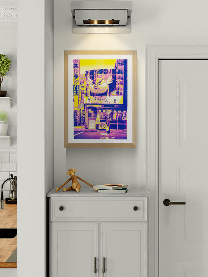Neon-yellow and purple risograph art print of a Tokyo blowfish restaurant facade, featuring bold retro signage, street details, and vibrant Japanese urban atmosphere; modern collage style by PTRVRKD, perfect for collectors of Japanese pop culture wall art.