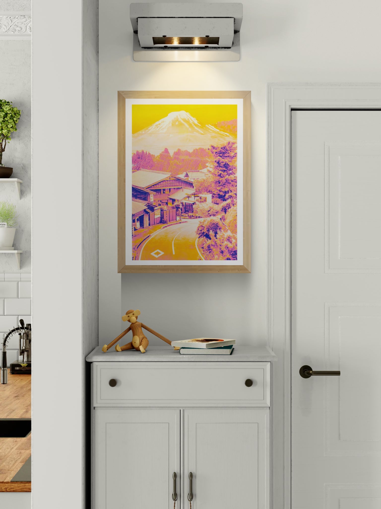 Japanese collage risograph print by PTRVRKD featuring a vibrant Fuji landscape in neon yellow and pink tones; A3 limited-edition artwork on Munken Pure Rough paper; modern Japan-inspired wall art for home decor, design lovers, and contemporary art collectors.