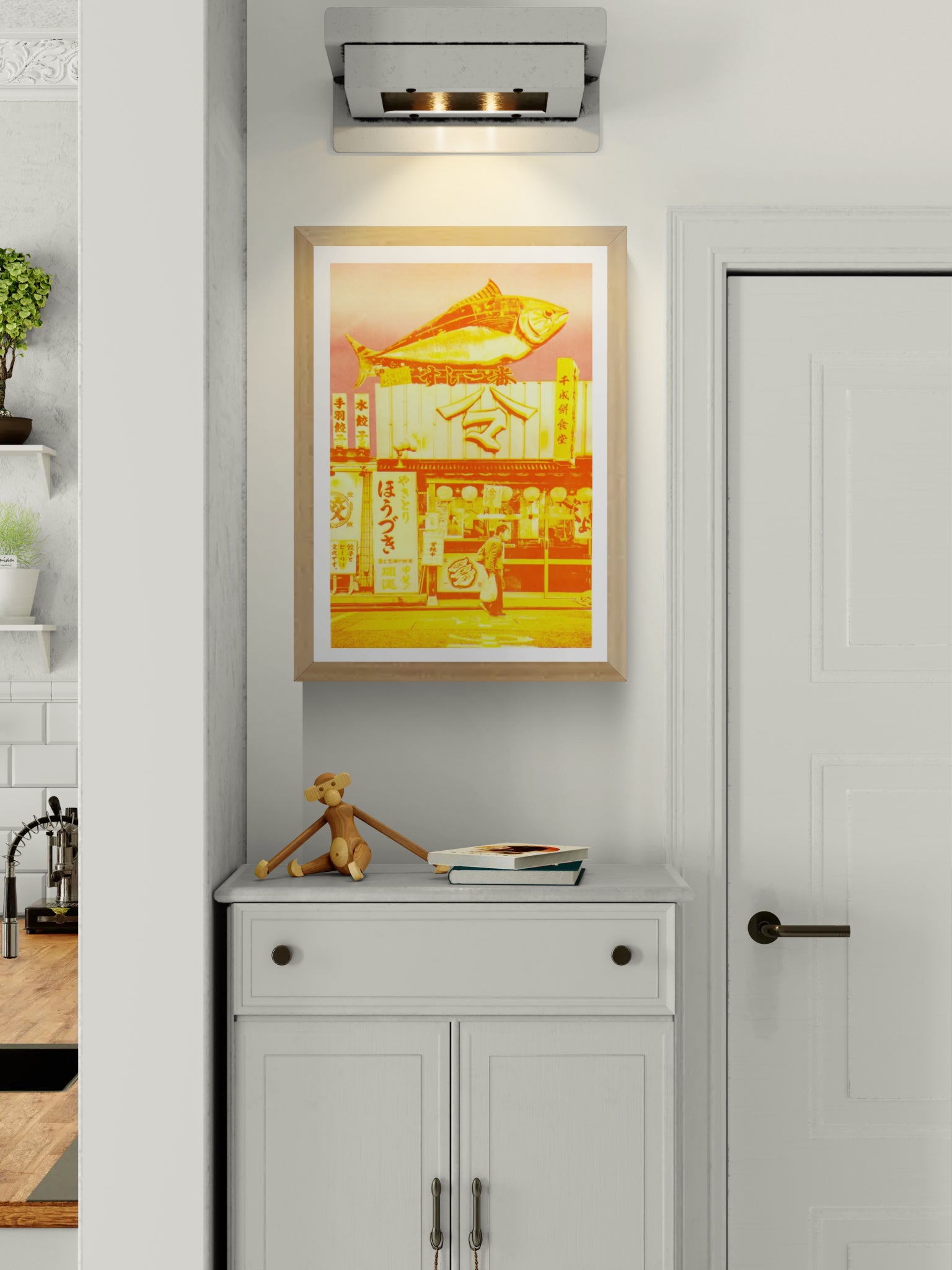 Japanese risograph art print of a red and yellow fish storefront scene by PTRVRKD, A3 limited edition wall art, vibrant neon Japanese street illustration, modern Japan-inspired risograph poster for home decor, contemporary Asian urban artwork Netherlands artist.