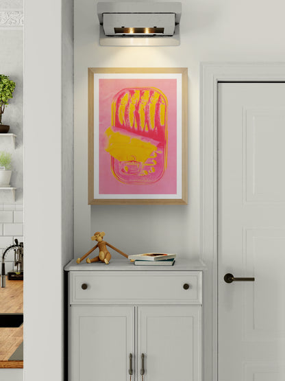 Neon pink and yellow sardines can risograph print by PTRVRKD, pop art wall print available in A4 and A3, modern graphic illustration from Galerie Frits