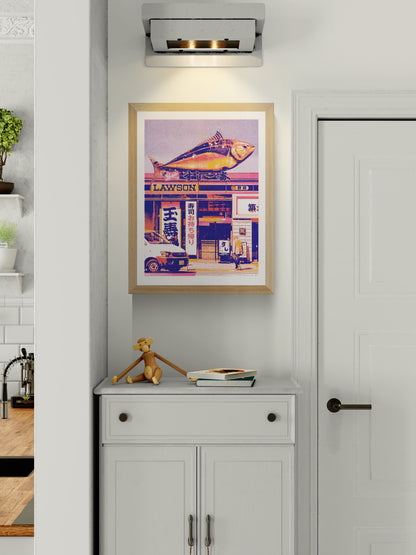 Japanese Lawson store risograph print by PTRVRKD, neon Tokyo street collage, Japanese pop art wall print, Galerie Frits