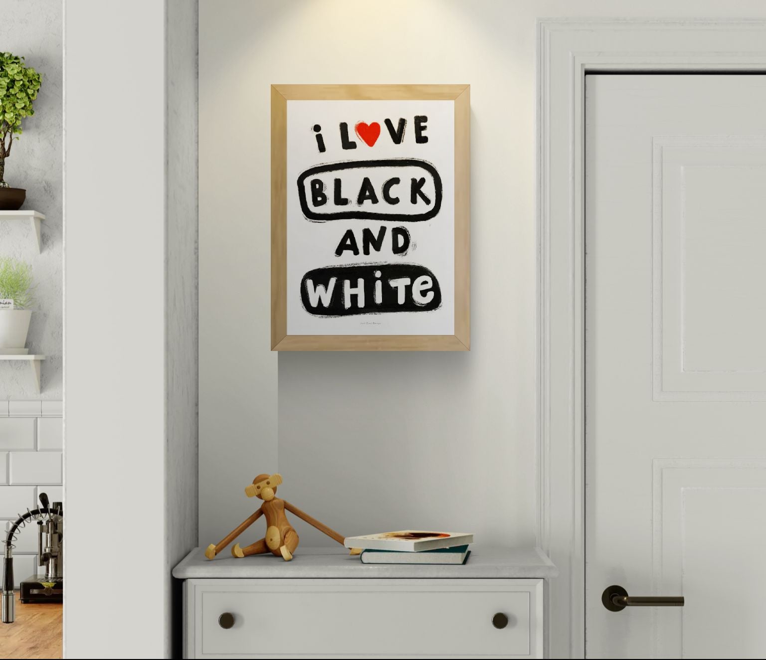 Black and white typographic art print with hand-painted lettering “I love black and white”, minimalist graphic giclée print by Just Cool Design, modern wall art for design lovers