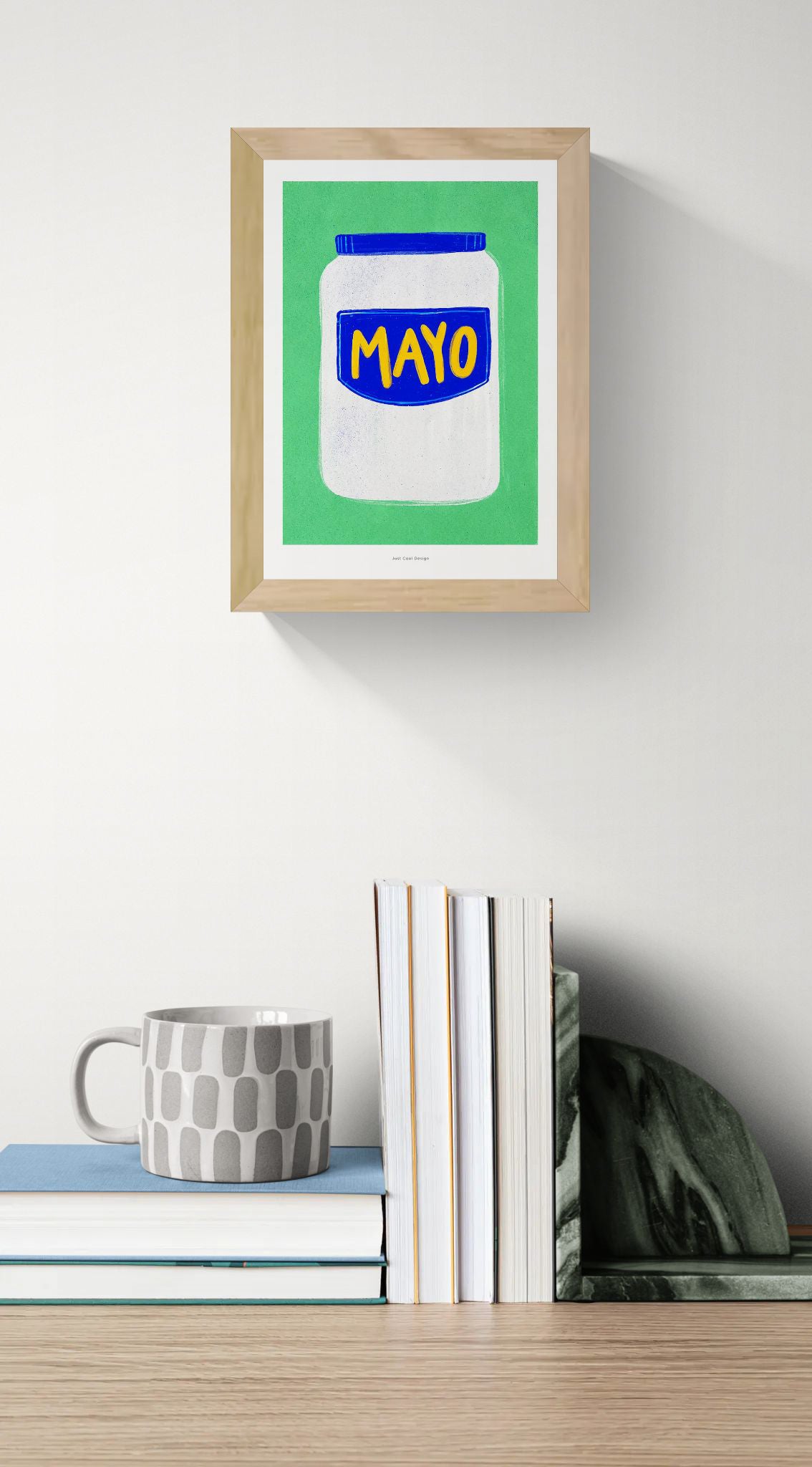 Minimalist illustration of a mayonnaise jar with a blue label and yellow lettering on a bright green background. Contemporary giclée art print in portrait format, ideal for kitchen wall decor and modern interiors.