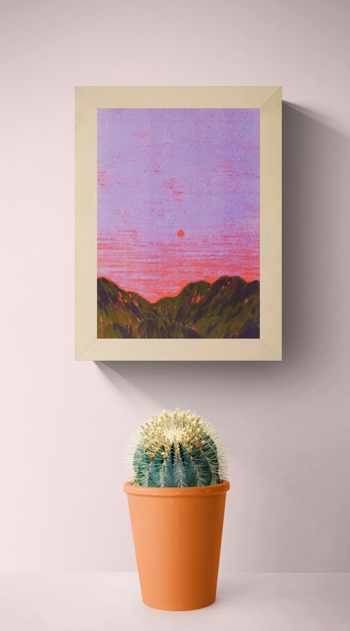 Atmospheric landscape illustration titled ‘China’ by Linde Raats, featuring a minimalist sunset over dark green mountains under a vivid purple and pink sky. This serene and dreamy art print captures the tranquility of dusk with a bold, contemporary color palette—perfect wall decor for lovers of modern travel art, Asian landscapes, and minimal aesthetic prints, available at Galerie Frits