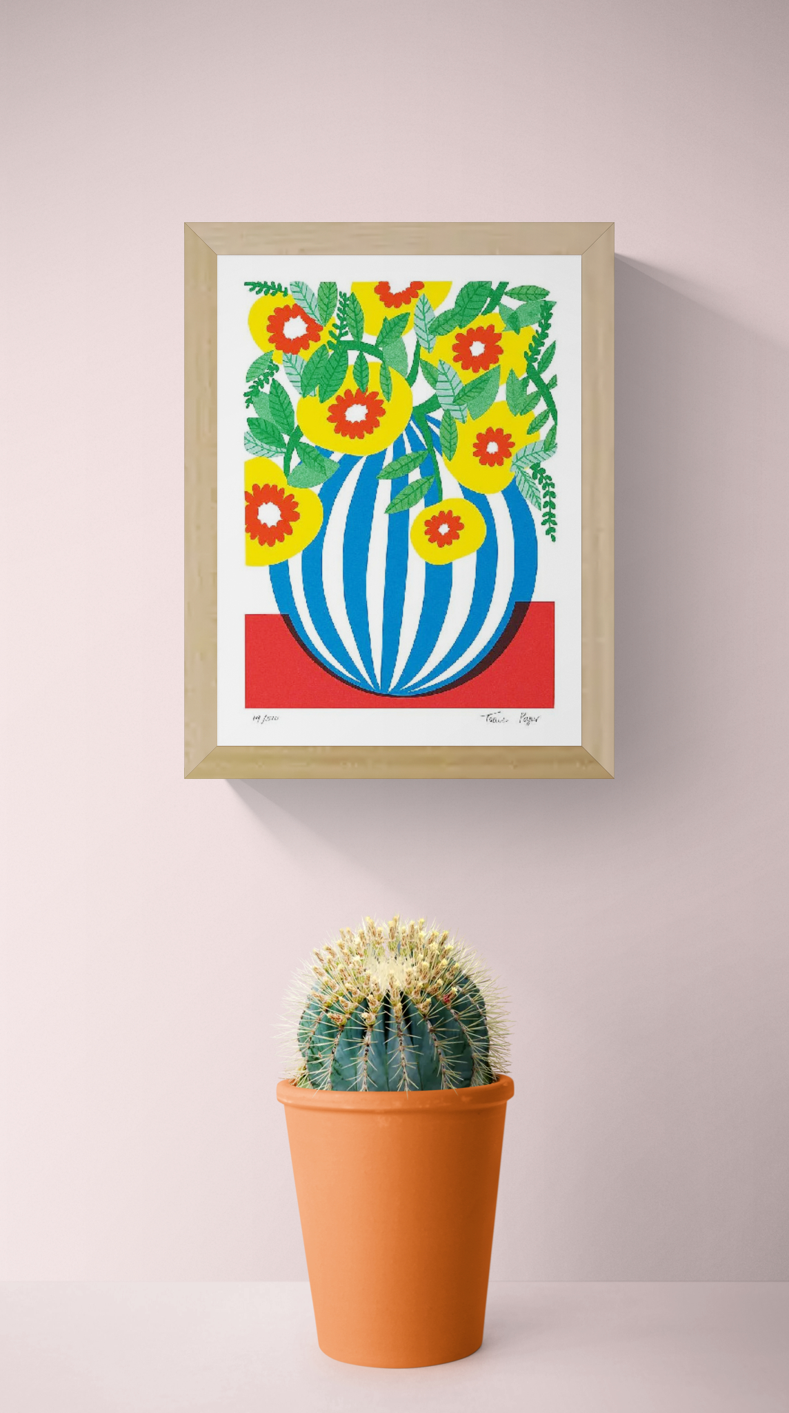 Blue Stripes Pot by Teresa Rego – colorful botanical art print featuring a bold blue-and-white striped vase with vibrant yellow, red, and green flowers, modern floral illustration for home decor, available at Galerie Frits