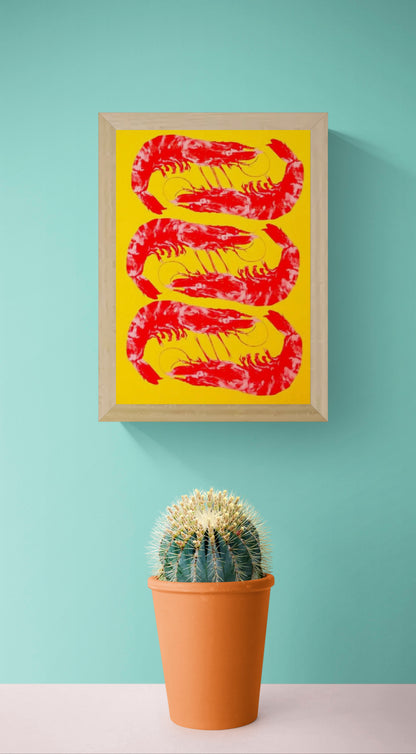 Bright yellow and red offset print of three shrimp by Dutch illustrator PTRVRKD – playful pop-art seafood design, bold color composition printed with eco-friendly soy inks on 250 gsm Biotop paper, handmade in the Netherlands – quirky small art print for modern kitchens or walls.