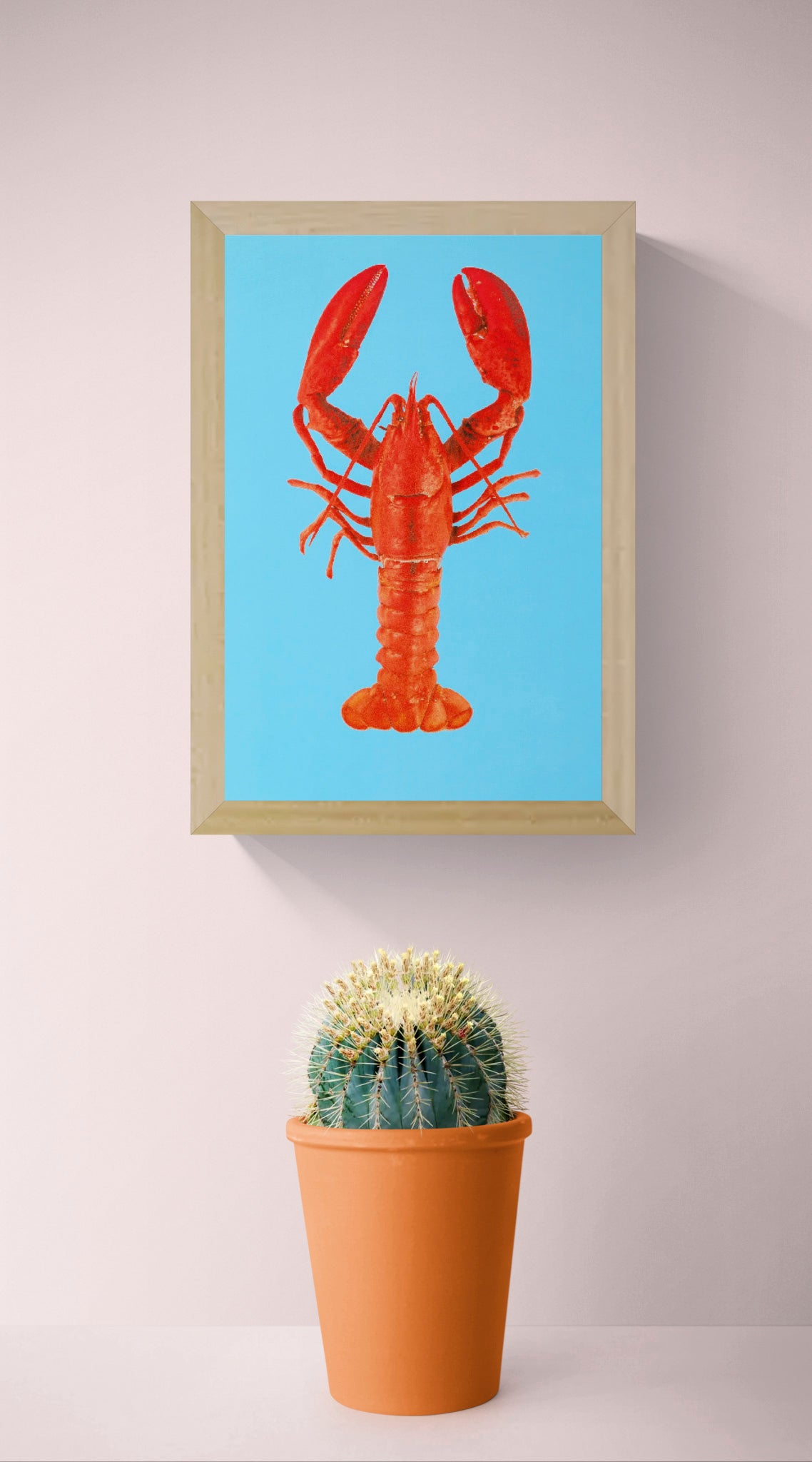 Colorful lobster illustration on bright blue background by Dutch artist PTRVRKD – A5 off-set art print on Biotop paper, perfect for modern home or kitchen decor