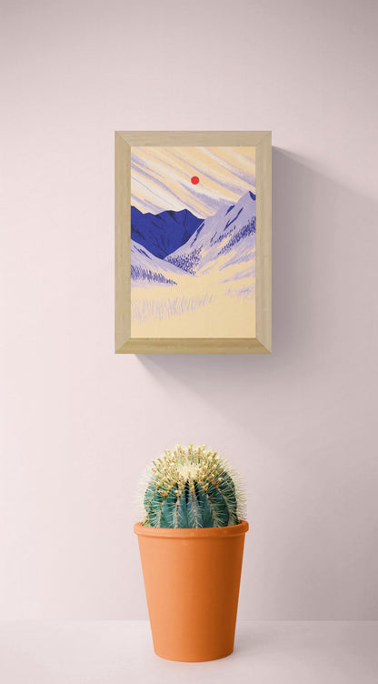 Vertical giclée art print of a peaceful mountain meadow by Linde Raats, featuring layered purple peaks, textured cream slopes and a bright red sun, ideal for modern bedroom or living room wall decor.