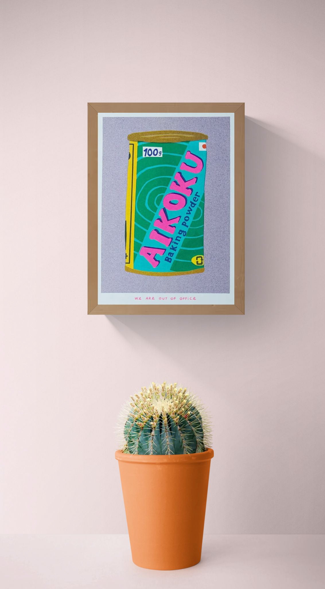 Colorful risograph print of a vintage Japanese Aikoku baking powder can by We Are Out of Office – pop-art kitchen illustration with pink, teal, and yellow details on Biotop paper.