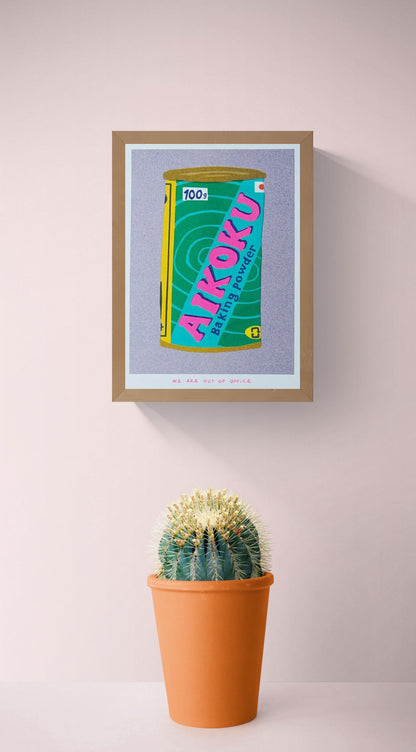 Colorful risograph print of a vintage Japanese Aikoku baking powder can by We Are Out of Office – pop-art kitchen illustration with pink, teal, and yellow details on Biotop paper.