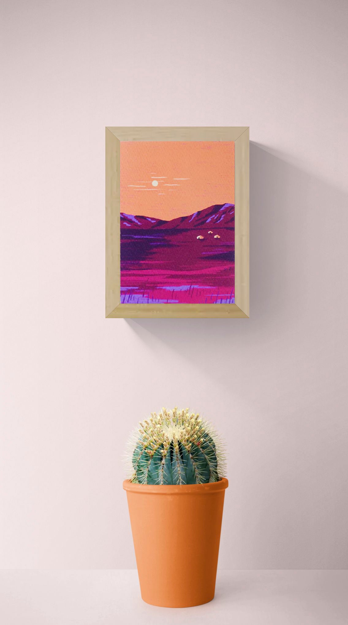 Vertical Mongolia art print by Linde Raats, showing purple mountains, three small cabins and a pale sun in coral, pink and violet tones; A6 giclée wall art.