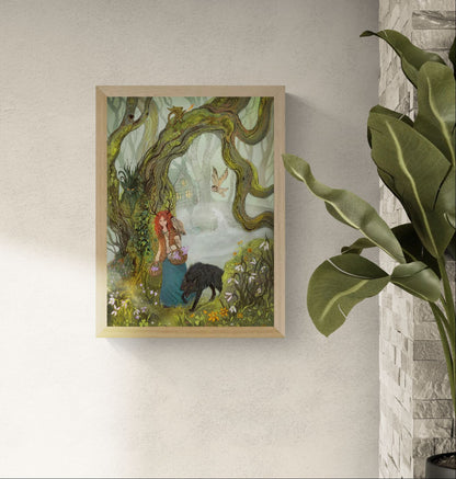 Whimsical folklore-inspired illustration featuring a red-haired witch walking through an enchanted forest with a black wolf, ancient trees, woodland spirits, owls, and a hidden cottage. Detailed fantasy giclée print in soft green and earthy tones, ideal for cozy home decor.