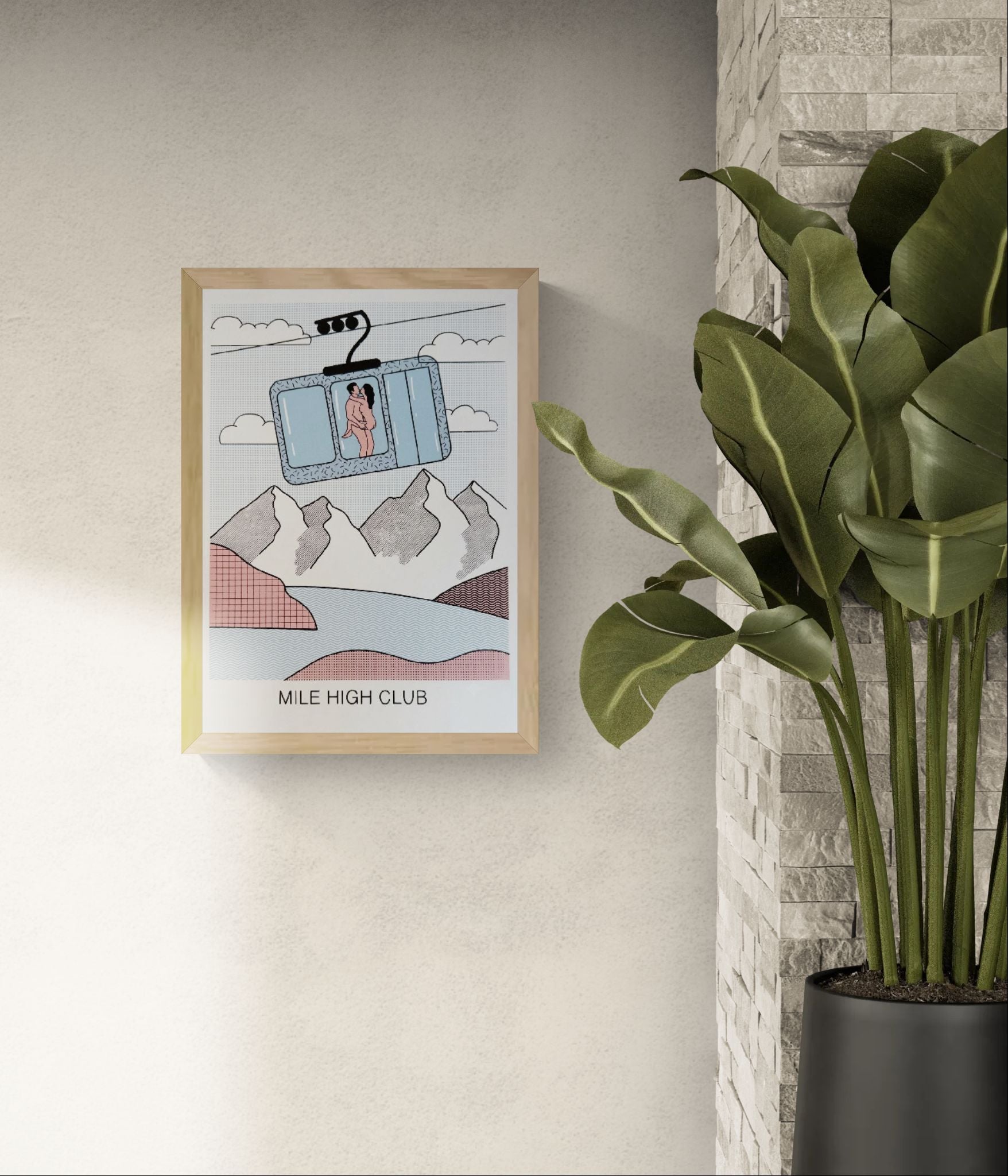 Screenprint artwork titled “Mile High Club” by Studio Stoutpoep showing a naked couple embracing inside a ski gondola with mountain views in the background. A3 size, made in Belgium, humorous and erotic pop art style.