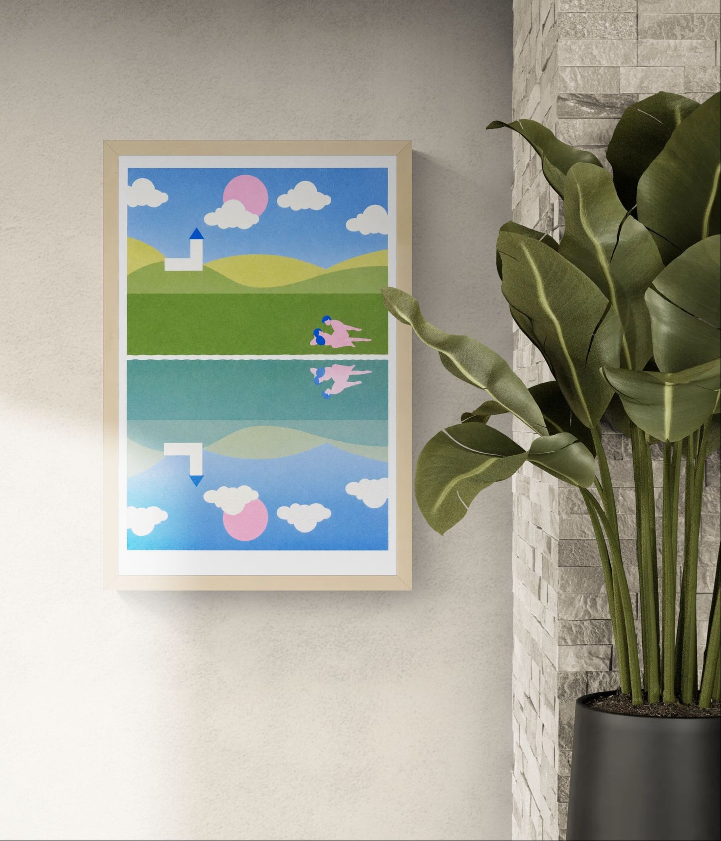Risograph art print titled A peaceful town by Studio Stoutpoep, featuring a surreal countryside scene with rolling hills, a white church, and two nude figures in an intimate moment near a reflective lake. A2 size print in soft pastel colors, printed in Belgium with soy-based inks.