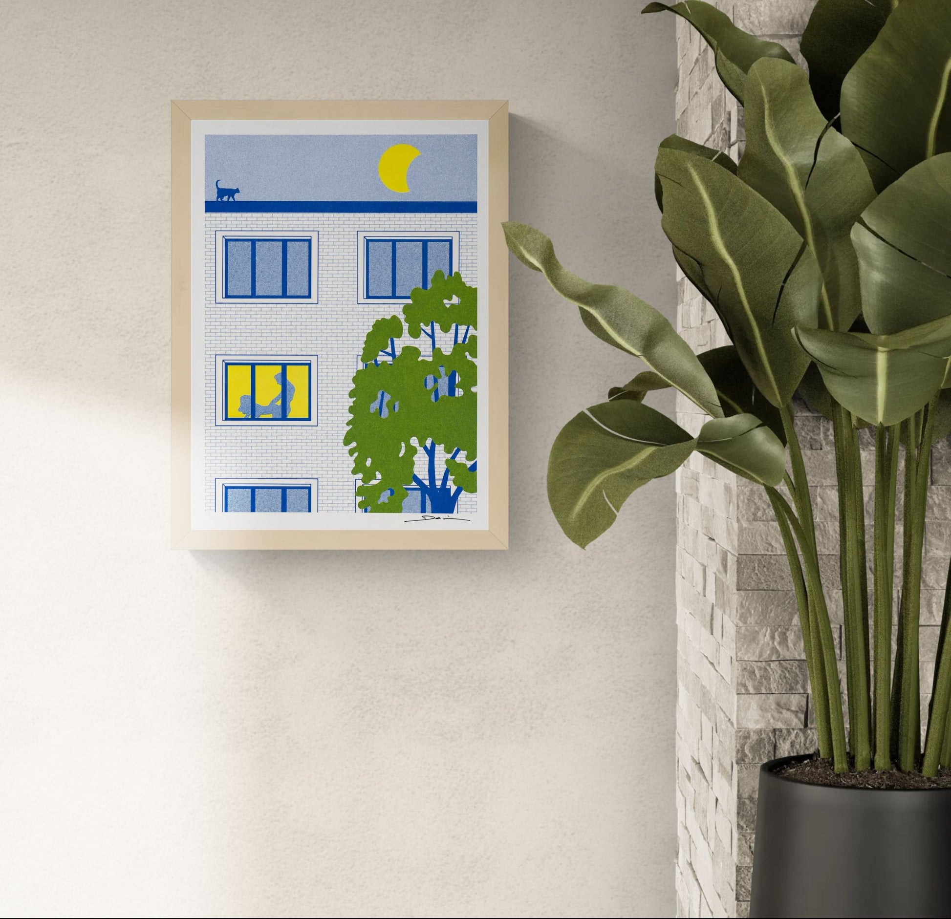 A3 risograph print of a modern apartment building at night with a bright yellow moon, rooftop cat, glowing window and playful silhouette scene, printed in bold blue, green and yellow tones. Contemporary humorous wall art for modern interiors.