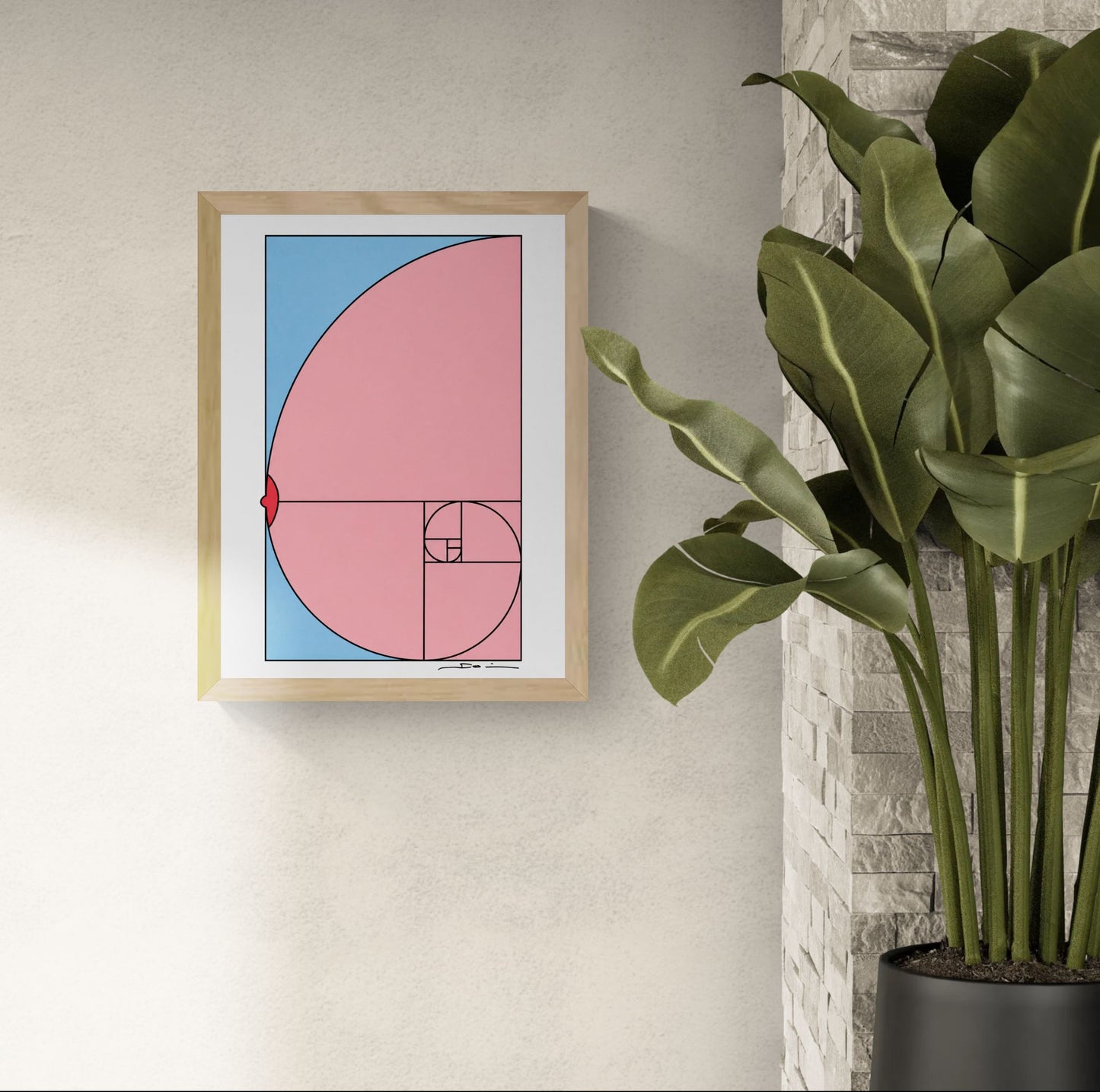 Minimalist digital art print featuring the golden ratio spiral transformed into a playful nude illustration in soft pink and blue tones. Contemporary geometric wall art in portrait orientation for modern home decor.