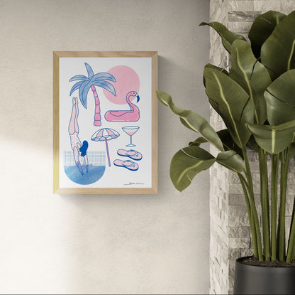 Playful summer-themed risograph print featuring a diving swimmer, palm tree, flamingo float, beach umbrella, cocktail glass, and flip-flops in pink and blue tones. Vertical contemporary wall art for colorful home decor.