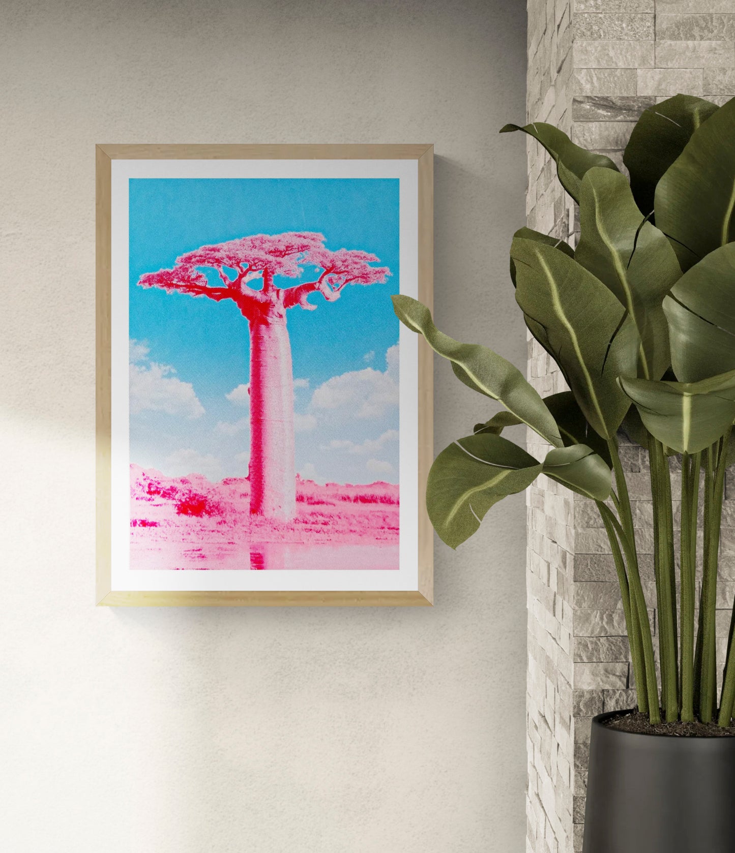 Fluor pink and blue silkscreen art print of a Baobab tree by PTRVRKD, modern handmade A2 screen print on 250 gsm paper, limited edition of 25.