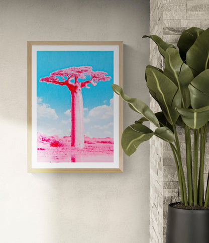 Fluor pink and blue silkscreen art print of a Baobab tree by PTRVRKD, modern handmade A2 screen print on 250 gsm paper, limited edition of 25.