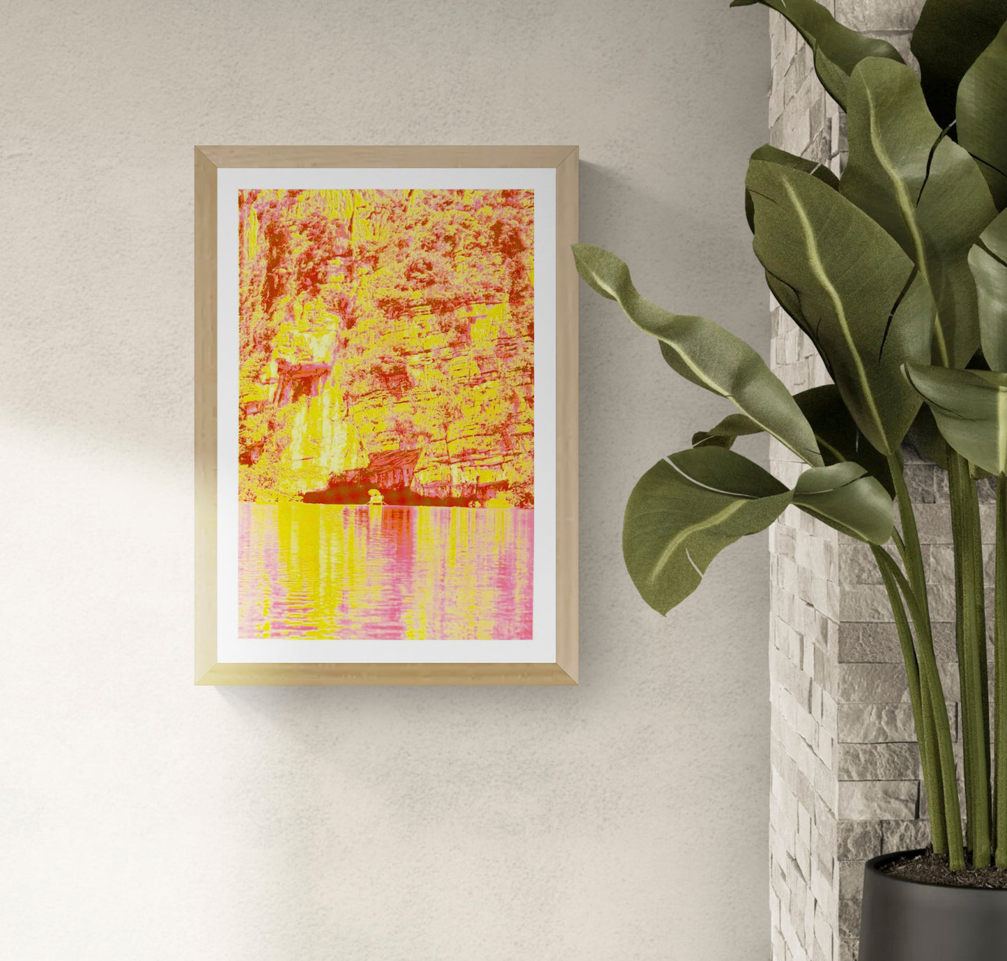 Vibrant risograph art print inspired by the cliffs and waterways of Ninh Binh, Vietnam, featuring bold neon yellows and pinks, textured rock formations, and reflective water. Contemporary limited-edition A3 artwork by PTRVRKD printed on Munken Pure Rough paper, perfect for modern interior decor.