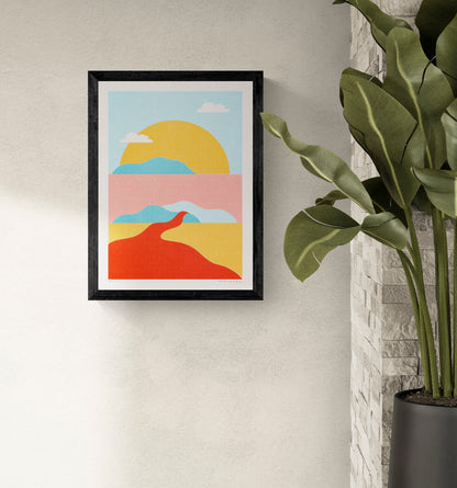 River Landscape Pastel limited A3 risograph art print by PTRVRKD featuring abstract hills, sun, and flowing river shapes in soft pastel colors, signed and numbered edition.