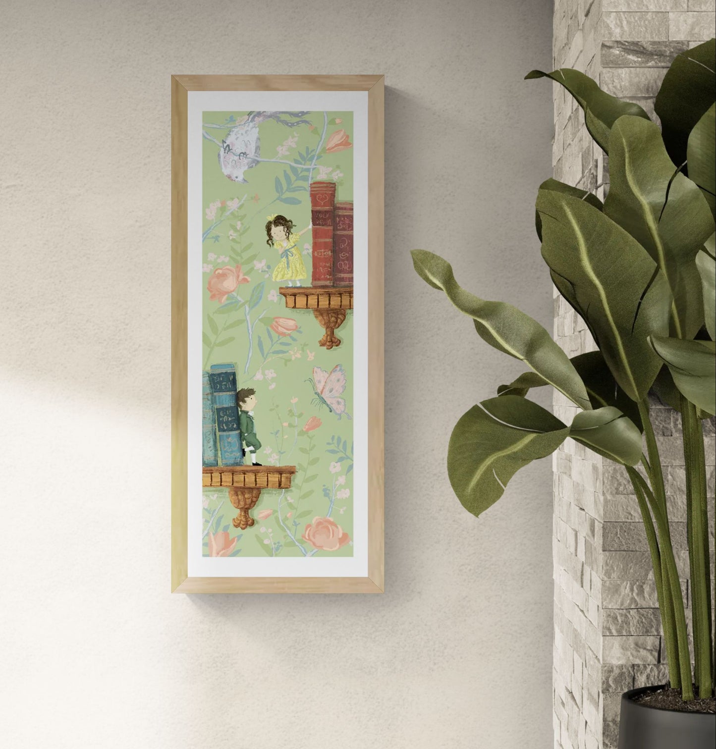 Romance giclée art print by Willy Leung in vertical format featuring a poetic illustrated scene with books, flowers, and soft pastel tones, printed on fine art paper.