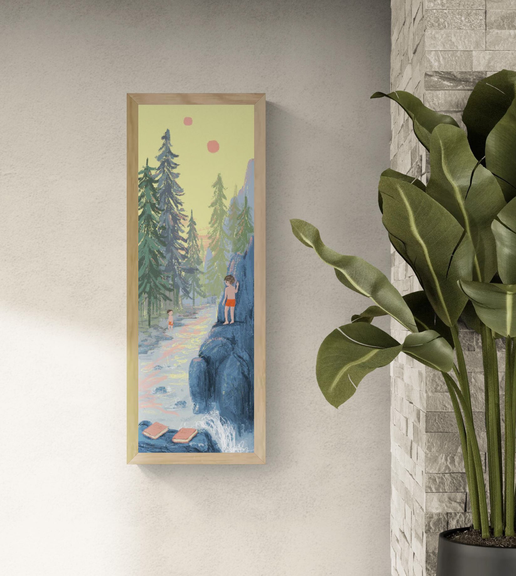 Magic Realism giclée art print by Willy Leung in vertical format showing a forest river scene with children and a dreamlike atmosphere, printed on fine art paper.