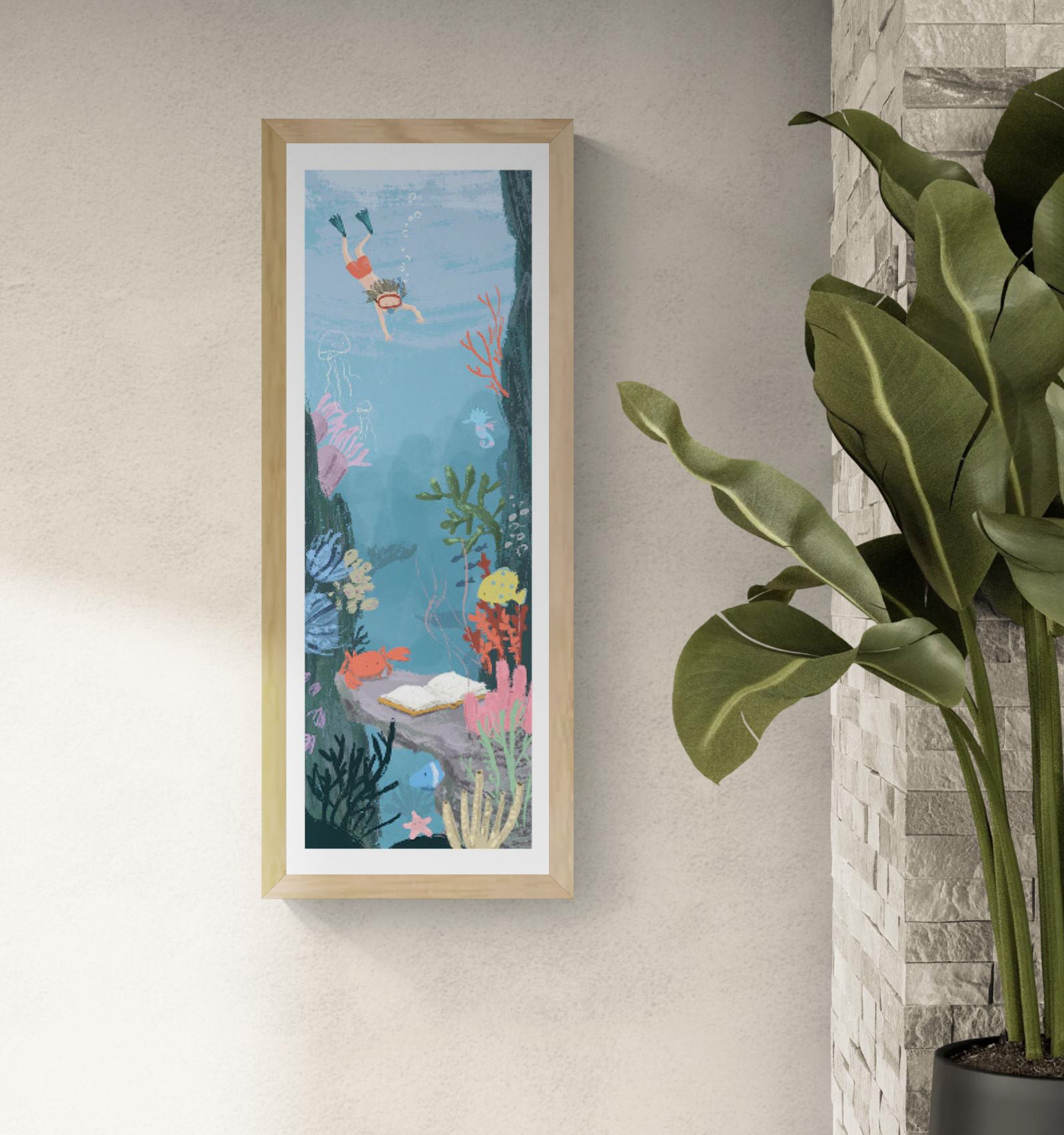 Vertical underwater illustration of a child diving toward an open book surrounded by coral, fish, jellyfish, and sea life in soft blue tones. Giclée art print by Willy Leung, ideal for narrow walls, staircases, and modern home decor.