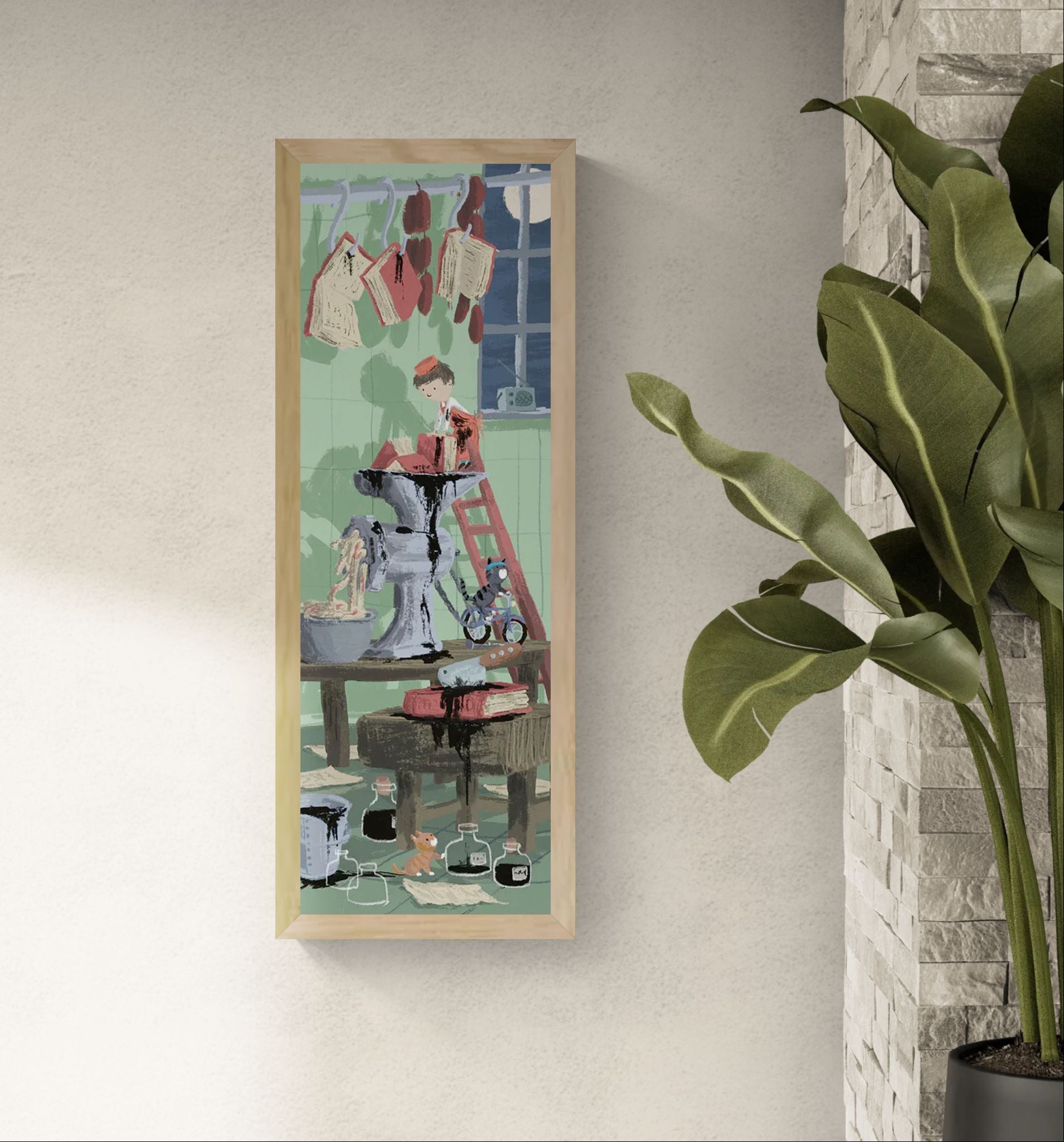 Horror giclée art print by Willy Leung in vertical format depicting a surreal domestic scene with subtle dark humor, printed on fine art paper.