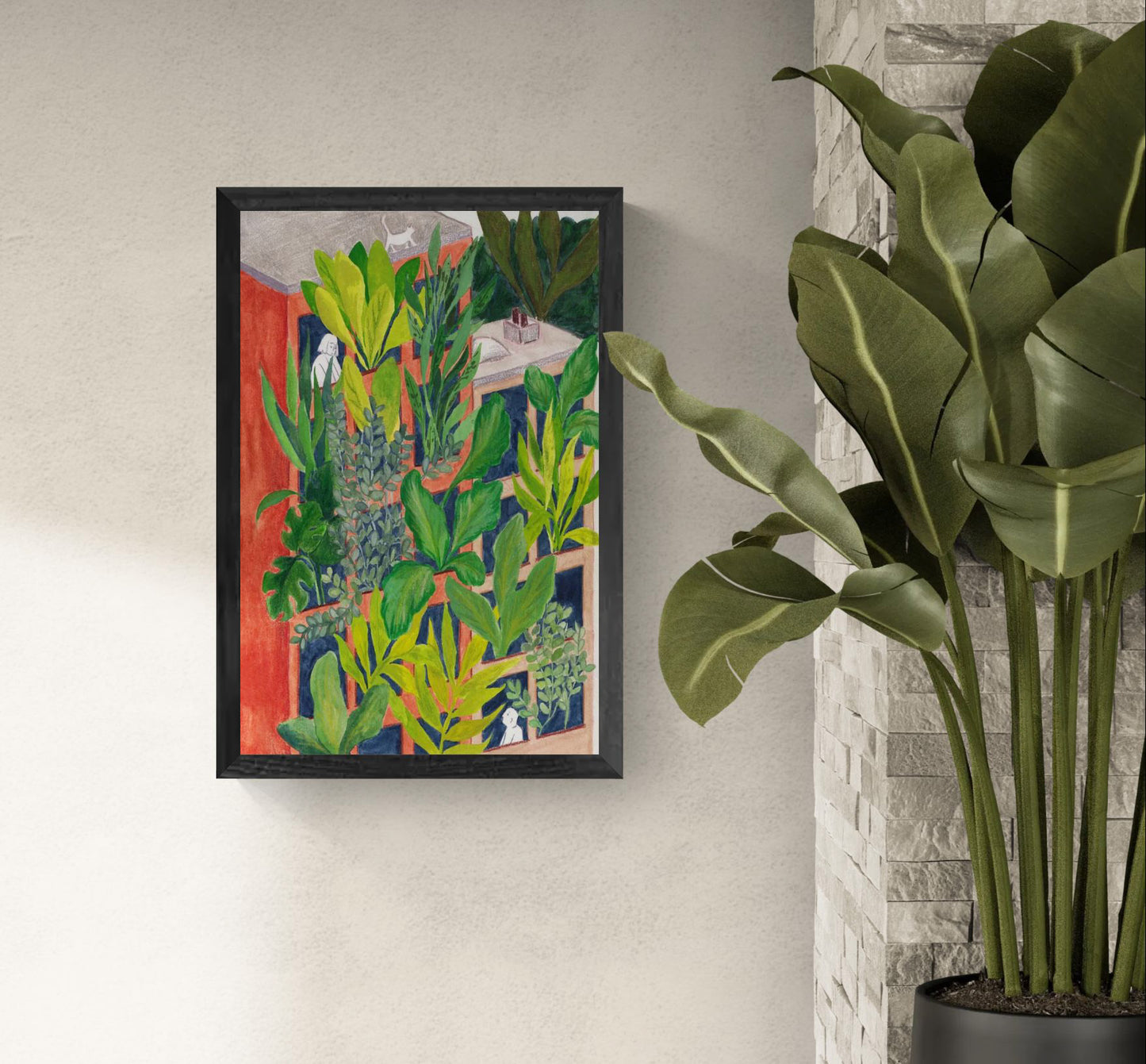 Bloom by Kim Timmermans – botanical illustration of lush green plants surrounding a terracotta building with small white figures at windows, whimsical and vibrant wall art available at Galerie Frits